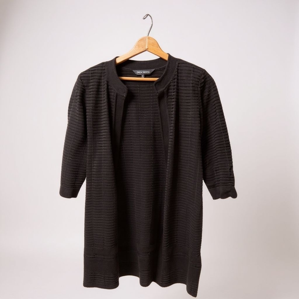 Ming Wang Cardigan Sweater Ladies Medium Black Textured Open Front Minimalist